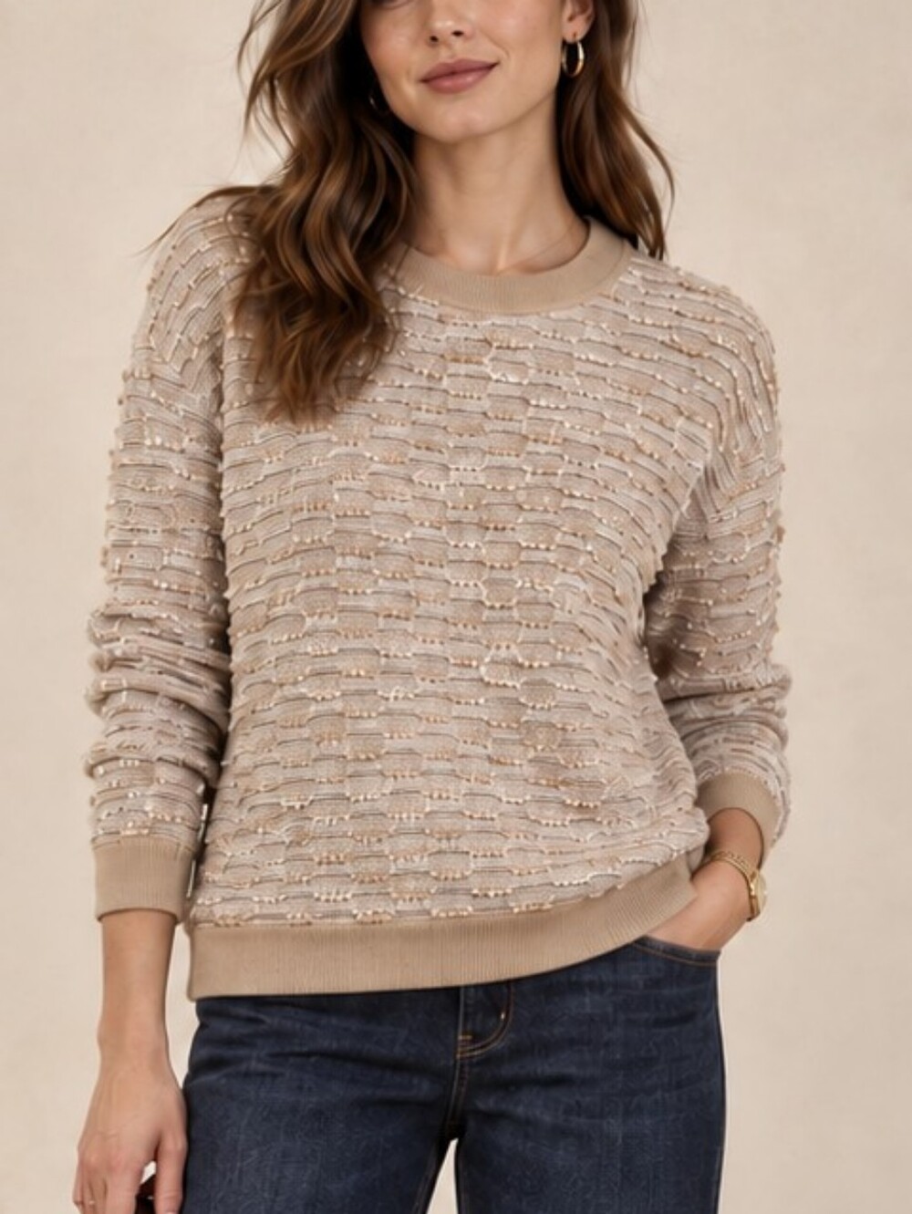 St. John Tan Tweed Like Textured Sweater Size Medium